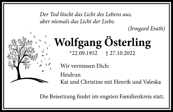 Traueranzeige von Wolfgang Österling von Laubacher Anzeiger