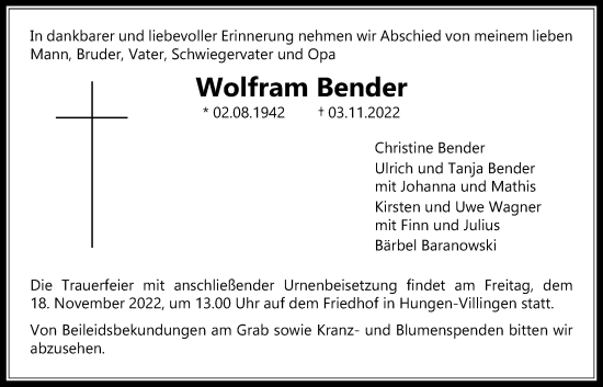Traueranzeige von Wolfram Bender von Giessener Allgemeine, Alsfelder Allgemeine, Giessener Anzeiger