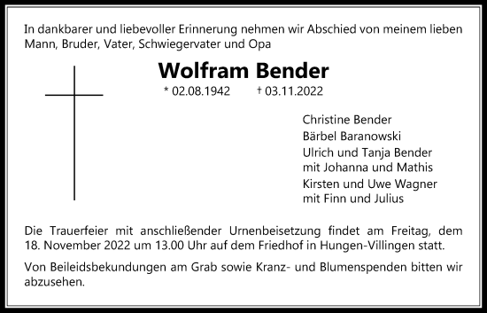Traueranzeige von Wolfram Bender von Licher Wochenblatt