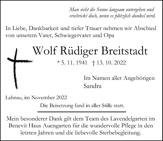 Traueranzeige von Wolf Rüdiger Breitstadt von Giessener Allgemeine, Alsfelder Allgemeine