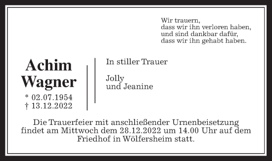 Traueranzeige von Achim Wagner von Wetterauer Zeitung