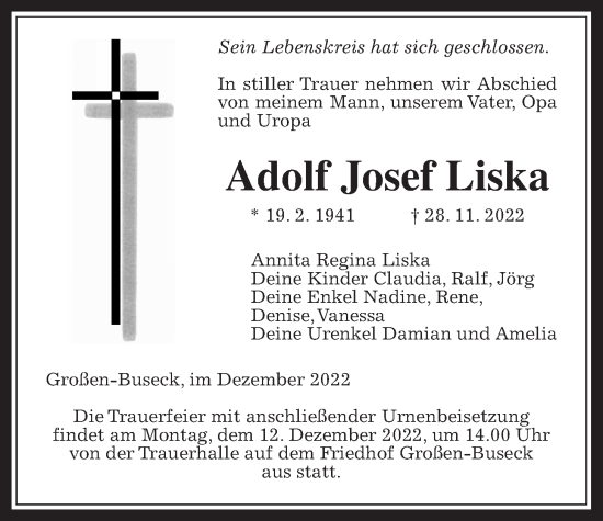Traueranzeige von Adolf Josef Liska von Giessener Allgemeine, Alsfelder Allgemeine
