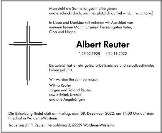 Traueranzeige von Albert Reuter von Usinger Anzeiger