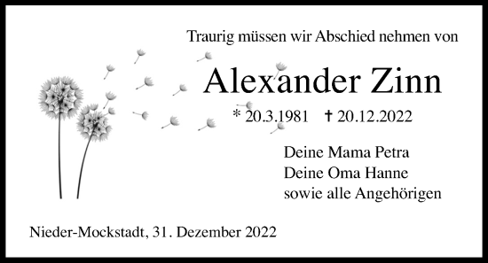 Traueranzeige von Alexander Zinn von Kreis-Anzeiger