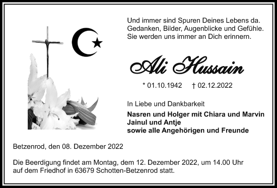 Traueranzeige von Ali Hussain von Kreis-Anzeiger