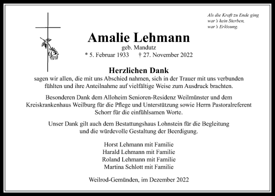 Traueranzeige von Amalie Lehmann von Usinger Anzeiger