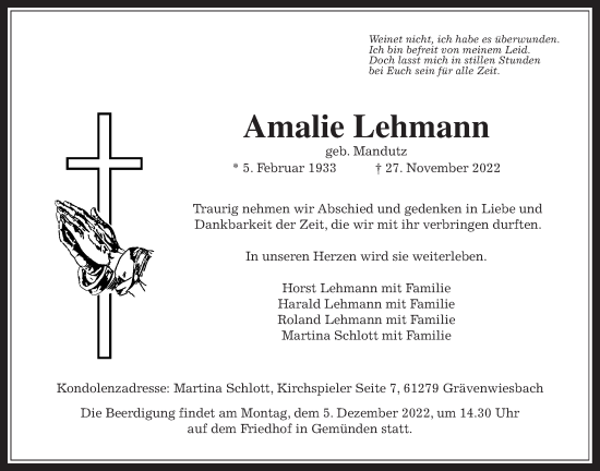 Traueranzeige von Amalie Lehmann von Usinger Anzeiger