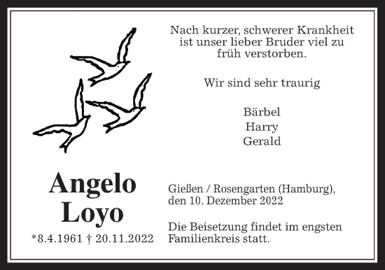 Traueranzeige von Angelo Loyo von Giessener Anzeiger, Giessener Allgemeine, Alsfelder Allgemeine