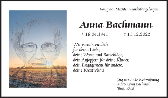 Traueranzeige von Anna Bachmann von Giessener Allgemeine, Alsfelder Allgemeine