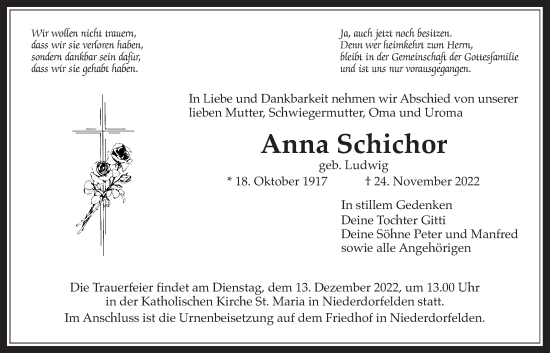 Traueranzeige von Anna Schichor von Bad Vilbel/Karben
