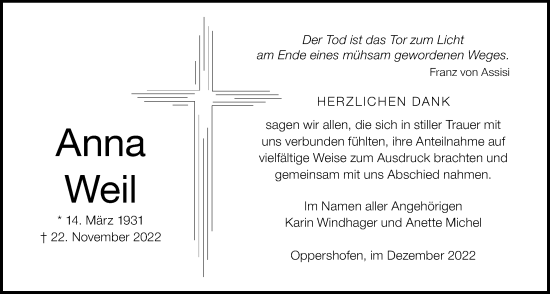 Traueranzeige von Anna Weil von Wetterauer Zeitung
