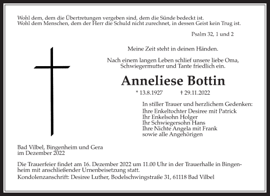 Traueranzeige von Anneliese Bottin von Wetterauer Zeitung