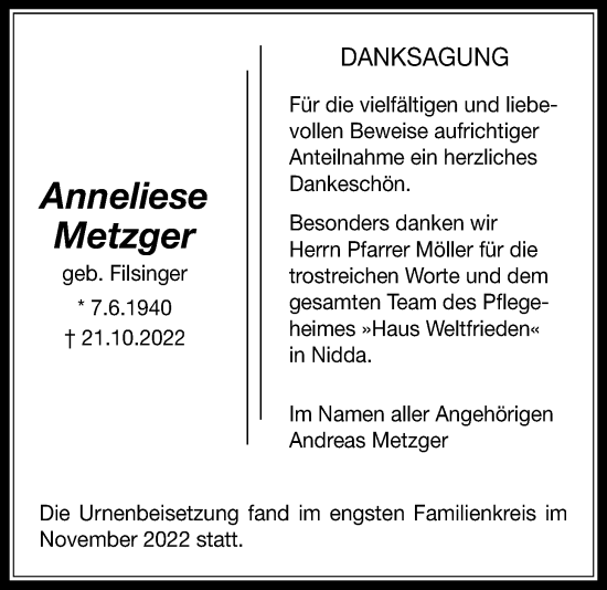 Traueranzeige von Anneliese Metzger von Licher Wochenblatt