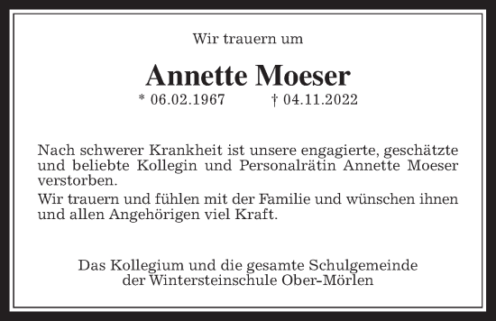Traueranzeige von Annette Moeser von Wetterauer Zeitung