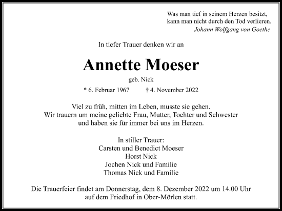 Traueranzeige von Annette Moeser von Wetterauer Zeitung