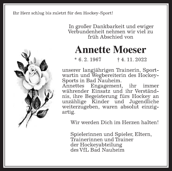 Traueranzeige von Annette Moeser von Wetterauer Zeitung, Giessener Allgemeine, Alsfelder Allgemeine
