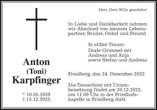 Traueranzeige von Anton Karpfinger von Wetterauer Zeitung
