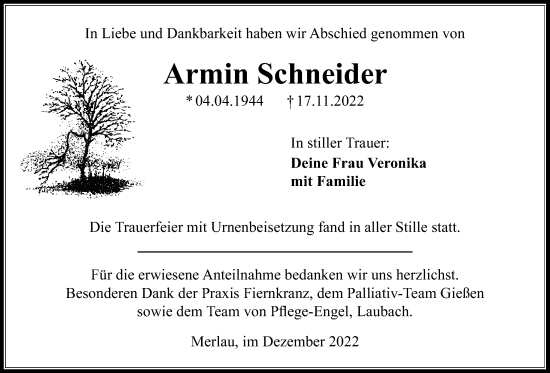 Traueranzeige von Armin Schneider von Mücker Stimme