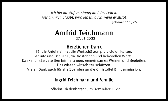 Traueranzeige von Arnfrid Teichmann 