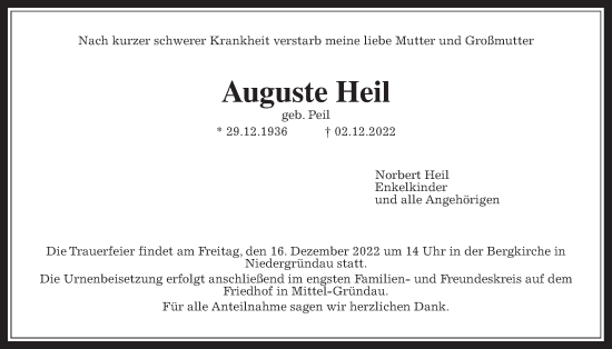 Traueranzeige von Auguste Heil von Kreis-Anzeiger