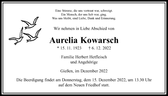 Traueranzeige von Aurelia Kowarsch von Giessener Anzeiger, Giessener Allgemeine, Alsfelder Allgemeine