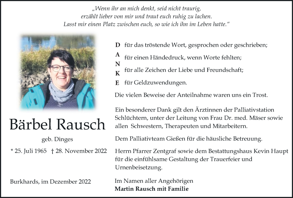  Traueranzeige für Bärbel Rausch vom 17.12.2022 aus Kreis-Anzeiger