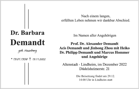 Traueranzeige von Barbara Demandt von Kreis-Anzeiger