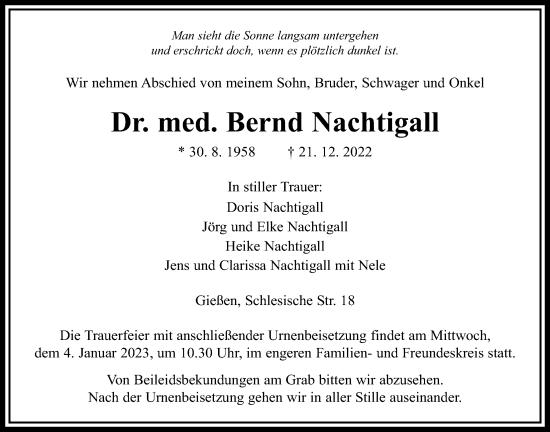 Traueranzeige von Bernd Nachtigall von Giessener Allgemeine, Alsfelder Allgemeine, Giessener Anzeiger