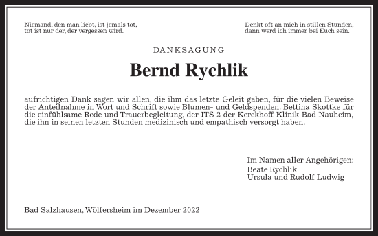 Traueranzeige von Bernd Rychlik von Wetterauer Zeitung