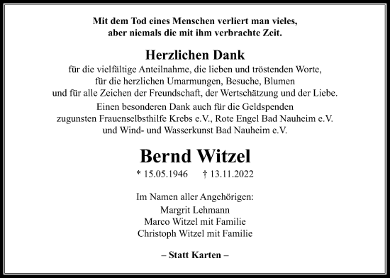 Traueranzeige von Bernd Witzel von Wetterauer Zeitung