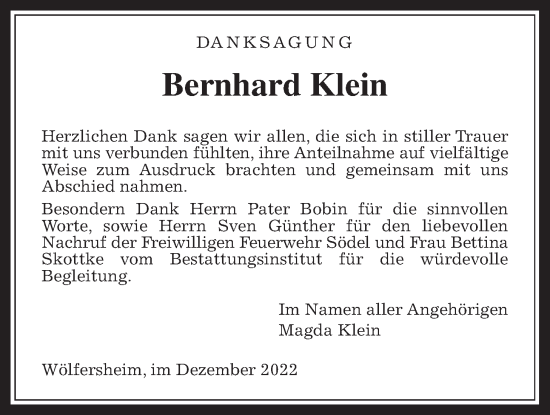 Traueranzeige von Bernhard Klein von Wetterauer Zeitung