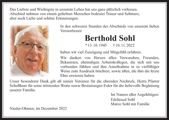 Traueranzeige von Berthold Sohl von Mücker Stimme, Giessener Allgemeine, Alsfelder Allgemeine