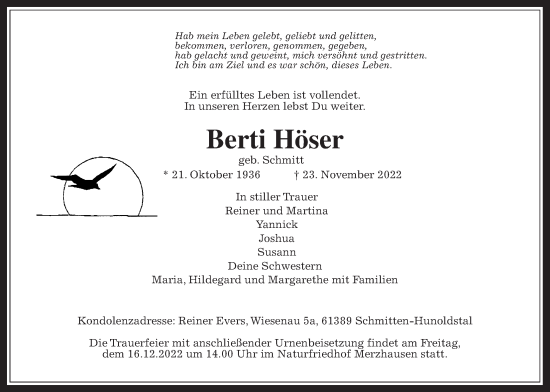 Traueranzeige von Berti Höser von Usinger Anzeiger