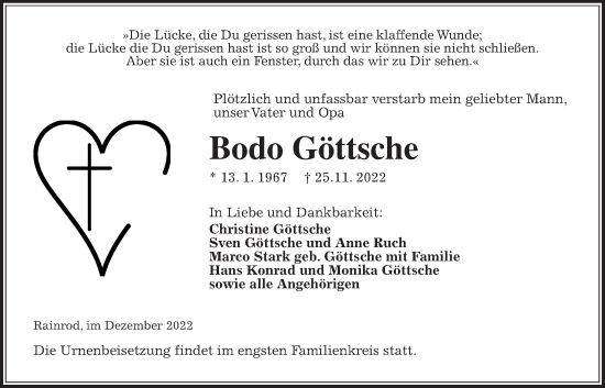 Traueranzeige von Bodo Göttsche von Kreis-Anzeiger