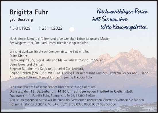 Traueranzeige von Brigitta Fuhr von Giessener Anzeiger, Giessener Allgemeine, Alsfelder Allgemeine