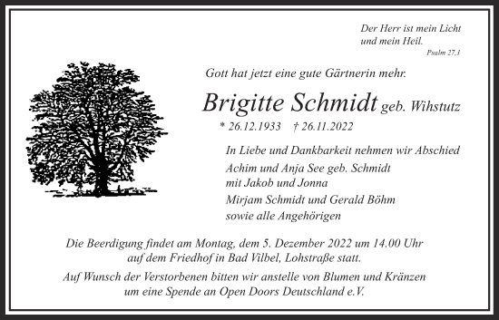 Traueranzeige von Brigitte Schmidt von Bad Vilbel/Karben
