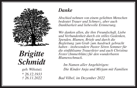 Traueranzeige von Brigitte Schmidt von Bad Vilbel/Karben