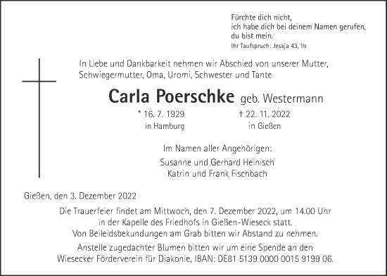 Traueranzeige von Carla Poerschke von Giessener Anzeiger, Giessener Allgemeine, Alsfelder Allgemeine