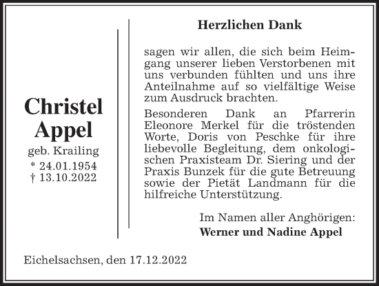 Traueranzeige von Christel Appel von Kreis-Anzeiger