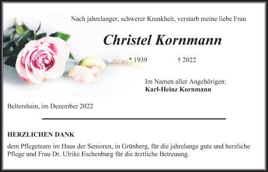 Traueranzeige von Christel Kornmann von Giessener Allgemeine, Alsfelder Allgemeine