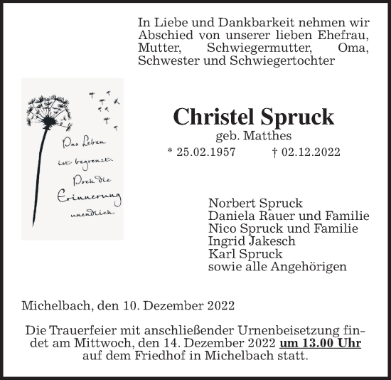 Traueranzeige von Christel Spruck von Kreis-Anzeiger