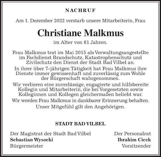 Traueranzeige von Christiane Malkmus von Bad Vilbel/Karben