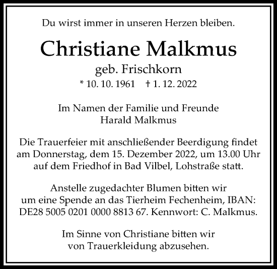 Traueranzeige von Christiane Malkmus von Bad Vilbel/Karben