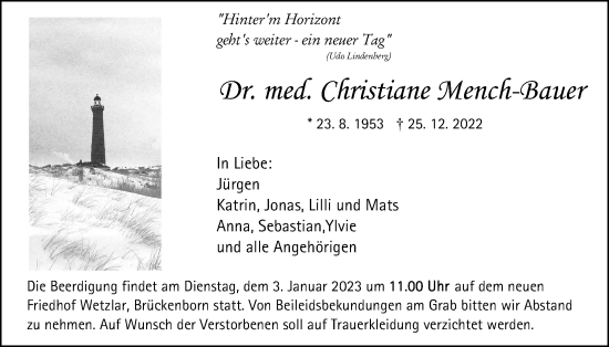 Traueranzeige von Christiane Mench-Bauer von Giessener Allgemeine, Alsfelder Allgemeine, Giessener Anzeiger