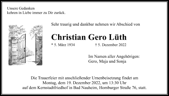 Traueranzeige von Christian Gero Lüth von Usinger Anzeiger