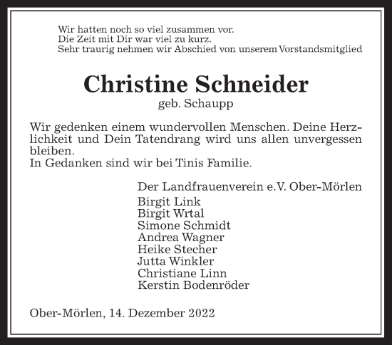 Traueranzeige von Christine Schneider von Wetterauer Zeitung