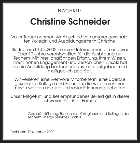 Traueranzeige von Christine Schneider von Wetterauer Zeitung