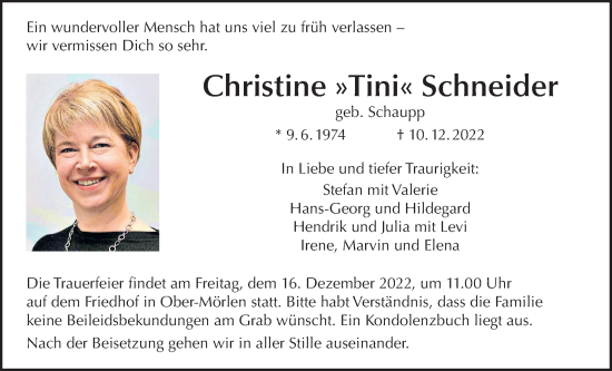 Traueranzeige von Christine Schneider von Wetterauer Zeitung