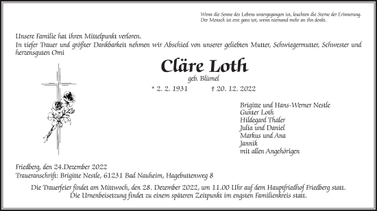 Traueranzeige von Cläre Loth von Wetterauer Zeitung