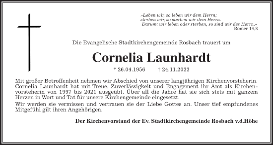 Traueranzeige von Cornelia Launhardt von Wetterauer Zeitung